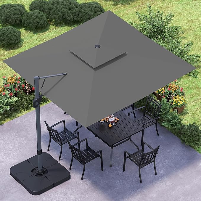 GREEN PARTY 10x10 ft Cantilever Patio Umbrella with Base Included, Outdoor Offset Umbrellas with 360° Rotation, 5-Year-Non-Fading Hanging Pool Umbrella for Garden Deck Poolside - Grey