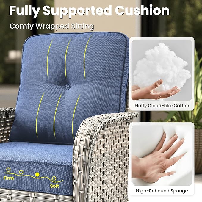 ovios 8 Pieces Patio Furniture Set Outdoor Sectional Sofa Couch with Rocking Swivel Chairs Deep Seat Chaise Comfy Cushions, Modern Modular Wicker Rattan Conversation Set, Denim Blue