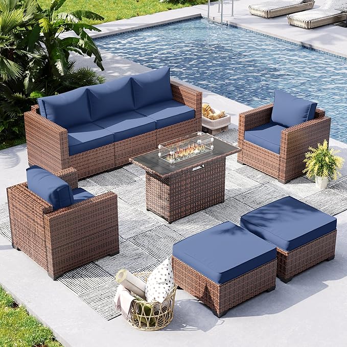 UDPATIO Patio Furniture Set with Fire Pit Table, 6 Pieces Outdoor Conversation Sectional Furniture Sets Wicker Rattan Outdoor Sofa Ottoman with Waterproof Covers for Porch Deck Backyard Blue