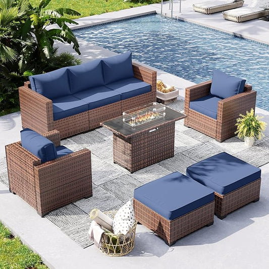 UDPATIO Patio Furniture Set with Fire Pit Table, 6 Pieces Outdoor Conversation Sectional Furniture Sets Wicker Rattan Outdoor Sofa Ottoman with Waterproof Covers for Porch Deck Backyard Blue