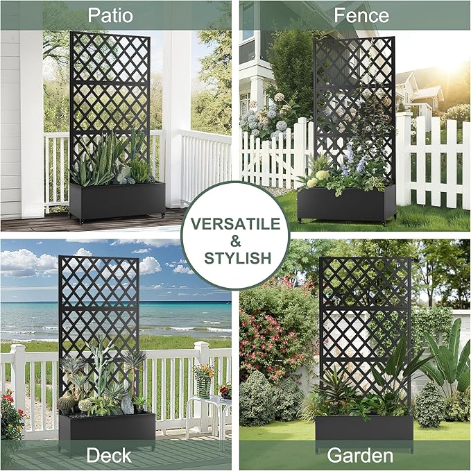 Metal Large Garden Bed with Trellis & Wheels, Planter Box with Privacy Screen for Climbing Plants, Privacy Planters for Patio, 35" L Garden Boxes with Drainage Holes (Black Diamond)