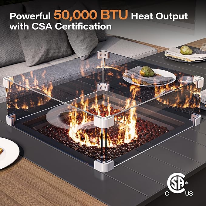 LAUSAINT HOME 64" Gas Fire Pit Table for Outside Patio, 55,000 BTU Propane Firepit with Expandable Tabletop & Wind Guard