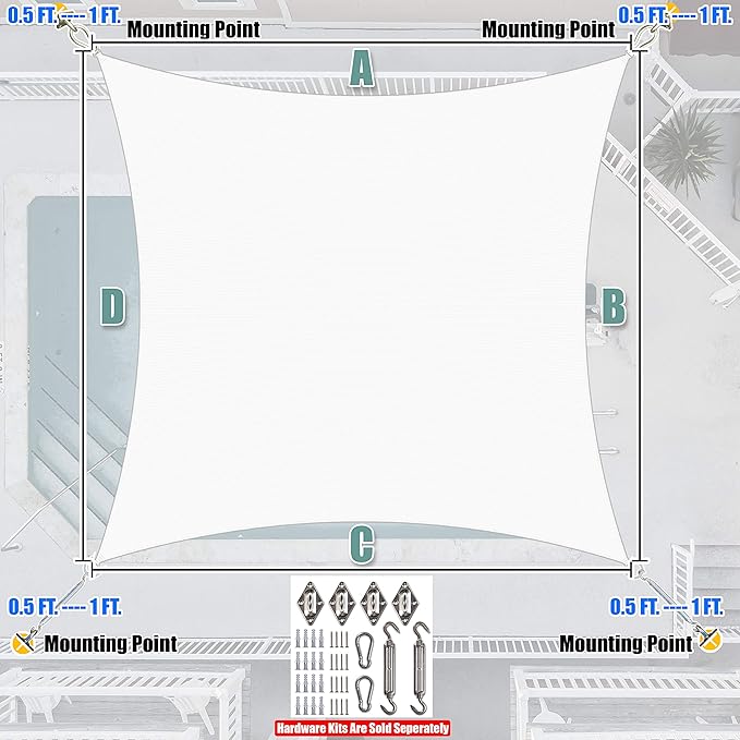 Amgo Custom Size 10' x 14' White Rectangle Square Sun Shade Sail UPF50+ AGTAPR1620, Order to Make Canopy Awning, 95% UV Blockage, Water & Air Permeable, Commercial and Residential (We Customize)