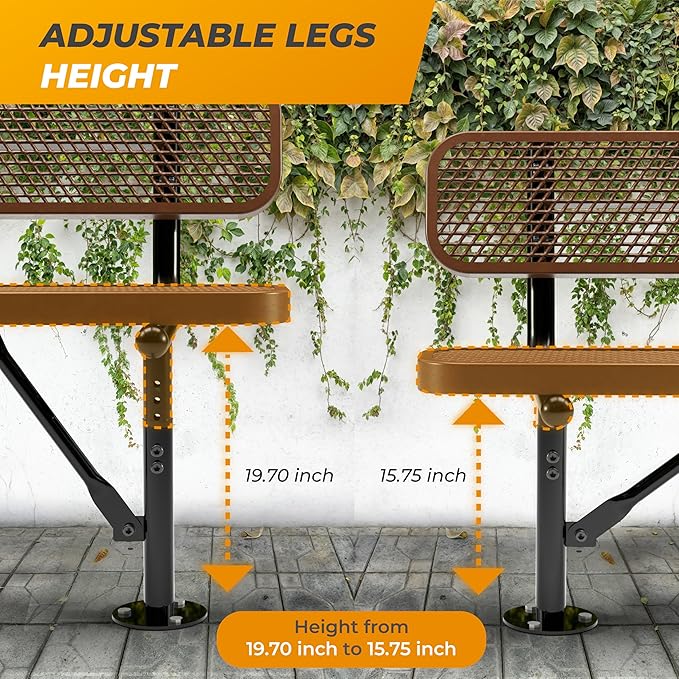 Heavy-Duty Outdoor Metal Bench, Thermoplastic-Coated, Surface, Weatherproof, Commercial-Grade for Parks, Gardens, Patios, Stores & More (6 Ft - Surface with Back, Brown)