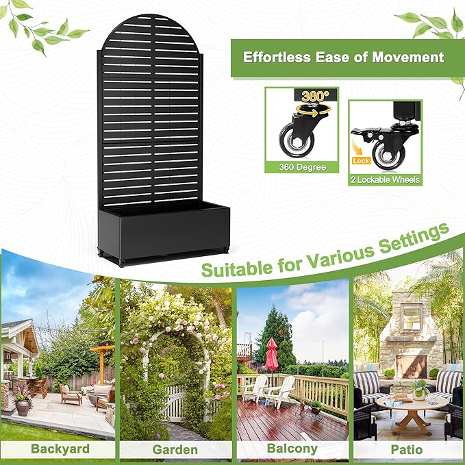 FENCY Metal Raised Garden Bed with Wheels and Trellis,Arched 73"x35"x16" Planter Box for Climbing Plants, Vegetables & Vines, Features Privacy Screen and Drainage Holes (Black-Louvered)