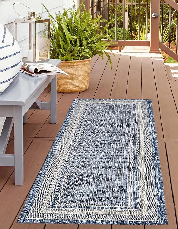 Unique Loom Outdoor Border Collection Area Rug - Soft Border (2' x 8' Runner, Blue/ Ivory)