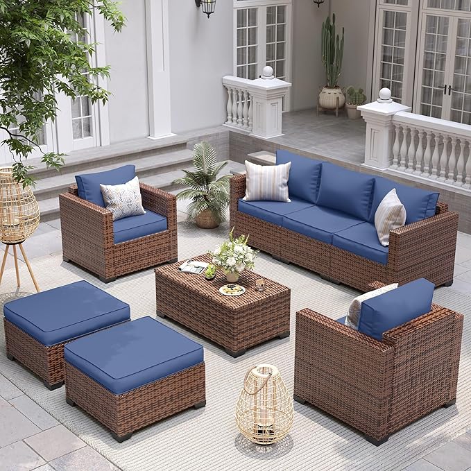 UDPATIO Patio Furniture Set, Wide Armrest Outdoor Furniture Set with 4" Non-Slip Cushions, Wicker Conversation Sofa with Ottomans and Waterprool Covers, for Backyard Porch, Navy