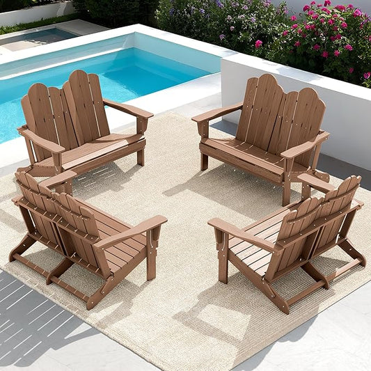 SERWALL 2 Person Adirondack Loveseat, HDPE All-Weather Folding Adirondack Bench Chair, Outdoor Adirondack Chair Set of 4, Brown