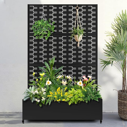 FENCY Metal Raised Garden Bed with Wheels and Trellis,73"x47"x16" Planter Box for Climbing Plants, Vegetables & Vines, Features Privacy Screen and Drainage Holes (Black-Brick)