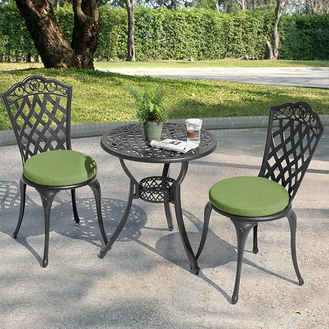 NUU GARDEN 3-Piece Patio Bistro Set Outdoor Cast Aluminum Bistro Table and Chairs Set of 2, Outdoor Patio Bistro Set with Umbrella Hole and Green Cushions for Porch, Garden, Black