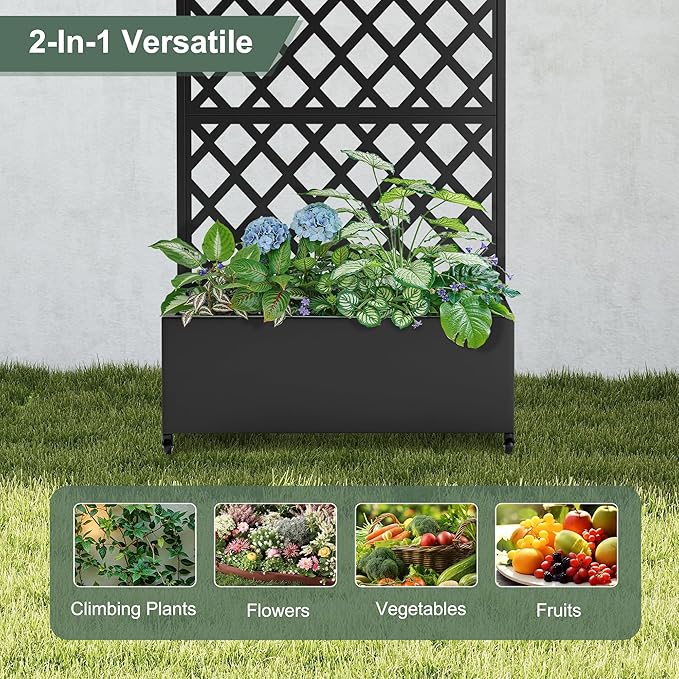 Metal Large Garden Bed with Trellis & Wheels, Planter Box with Privacy Screen for Climbing Plants, Privacy Planters for Patio, 35" L Garden Boxes with Drainage Holes (Black Diamond)