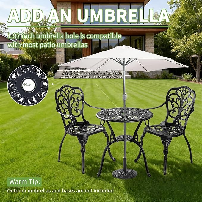 3 Piece Patio Bistro Set,Cast Aluminum Outdoor Bistro Table and Chair Set of 2 with 1.97" Umbrella Hole,All Weather Patio Furniture Set for Garden,Porch(Black)