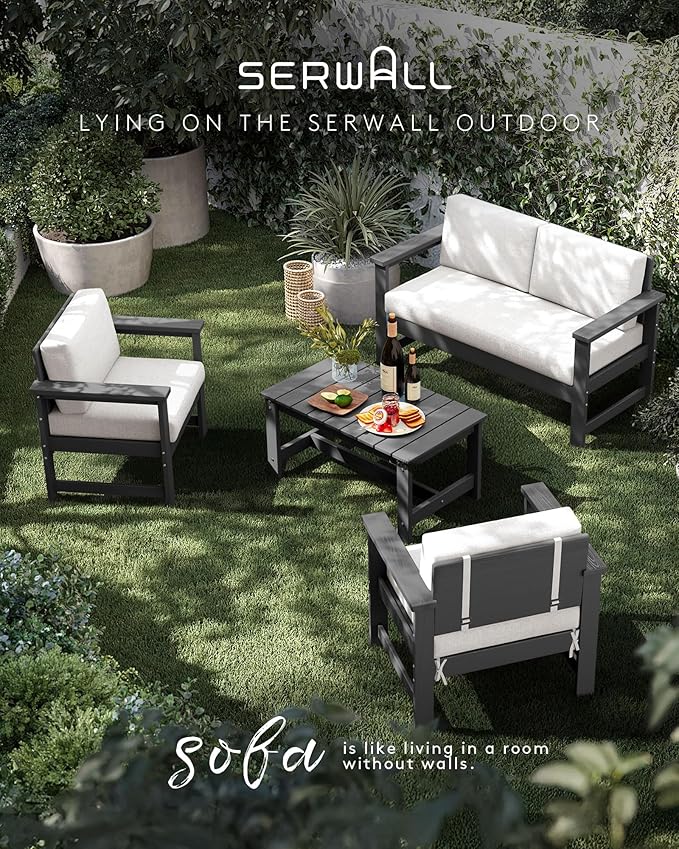 SERWALL 6 Pieces HDPE Outdoor Sofa Set with Cushions, Outdoor Conversation Couch Loveseat Furniture Set with Coffee Table for Balcony, Deck, Poolside, Grey Frame with Khaki Cushions