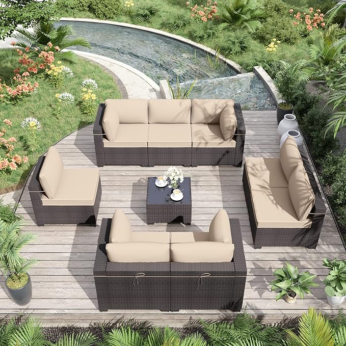 ALAULM Patio Furniture Set with Coffee Table, 9 Pieces Outdoor Sectional with Wide Seat and Thick Cushion, All Weather Wicker Rattan Conversation Set for Backyard, Garden, Deck, Sand
