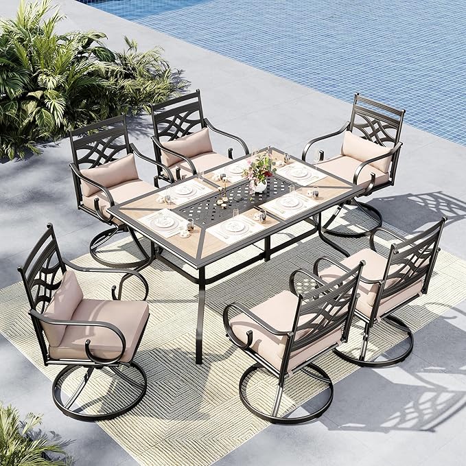 MFSTUDIO Patio Table and Chairs Set, Patio Dining Set for 6 with Umbrella Hole, 7 Piece Patio Furniture Set Outdoor Dining Sets for Deck Backyard Garden