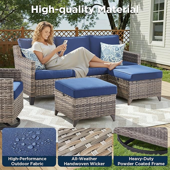 7 Piece Outdoor Patio Furniture Set-All Weather Outdoor Conversation Sets Sectional Sofa with Wicker Swivel Rocker Patio Chairs,Thick Cushions Ottomans for Porch Balcony Patio Deck Grey/Blue