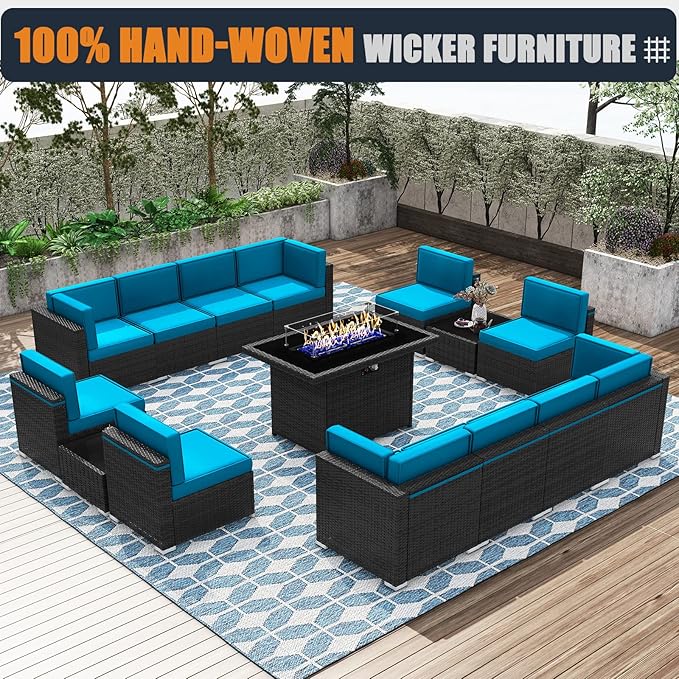 Patio Furniture Set with Fire Pit Table, 15 Pieces Outdoor All-Weather Wicker Conversation Sectional Chair Sofa Set