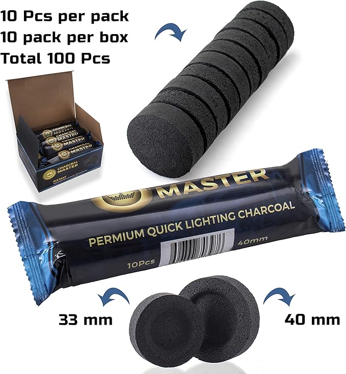 New Quick Light Charcoal by Charcoal Master – Instant Coal Disks – Incense Coal Tablets – Charcoal Disks – Set of 100Charcoal Disks per Box– Quick Light Charcoal Briquettes (40mm Capsule)