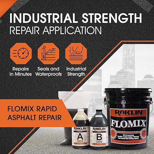 Roklin Systems, Inc. - FloMix Rapid Asphalt Repair, Quick-Drying Spall, Floor & Asphalt Crack Filler, Simple-to-Apply Driveway Sealer (Black, 5 Gallon Kit)