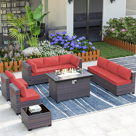 Outdoor Patio Furniture Set with Gas Fire Pit Table, 10 Pieces Outdoor Furniture Set Patio Sectional Sofa w/43in Propane Fire Pit, PE Wicker Rattan Patio Conversation Sets - Red