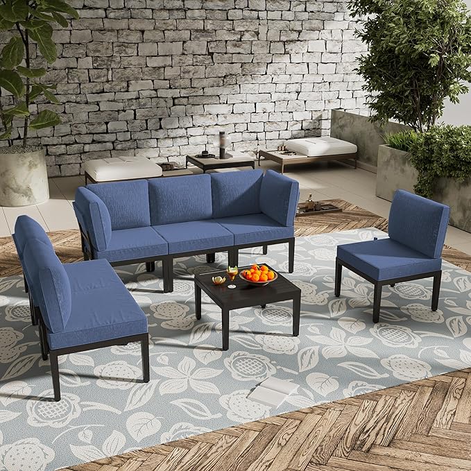 Patio Furniture Set,7 Pieces Modern Outdoor Conversation Set, Outdoor Metal Sectional Sofa with Thick Cushion and Coffee Table.