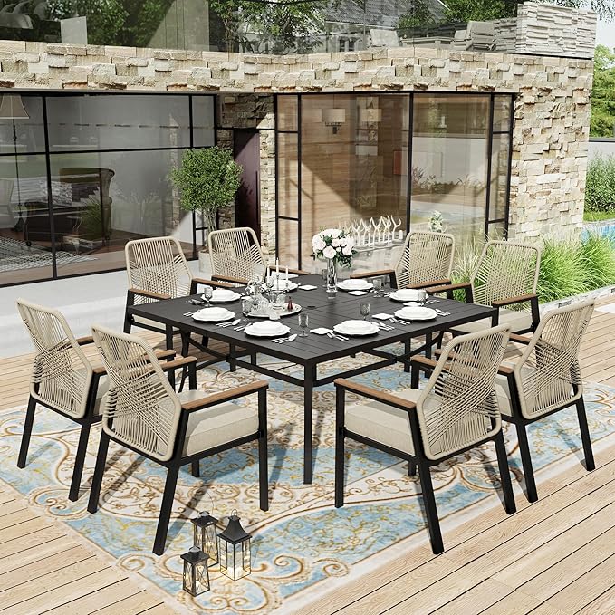 HERA'S HOUSE Patio Chairs Set of 8, 36.6" Rattan Dining Chairs with Heavy-Duty Wrought Iron Metal Frame Support 300lbs, All-Weather Outdoor Chair for Garden Lawn Backyard Kitchen Deck