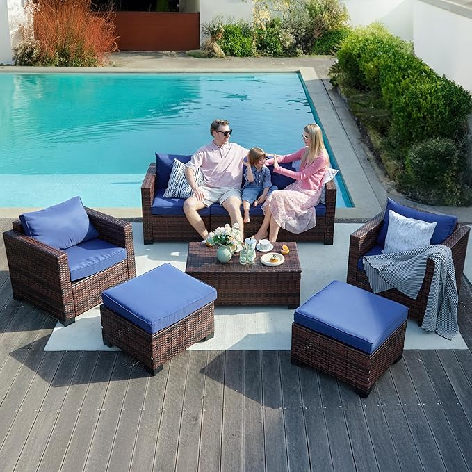UDPATIO Patio Furniture Set, Wide Armrest Outdoor Furniture Set with 4" Non-Slip Cushions, Wicker Conversation Sofa with Ottomans and Waterprool Covers, for Backyard Porch, Navy