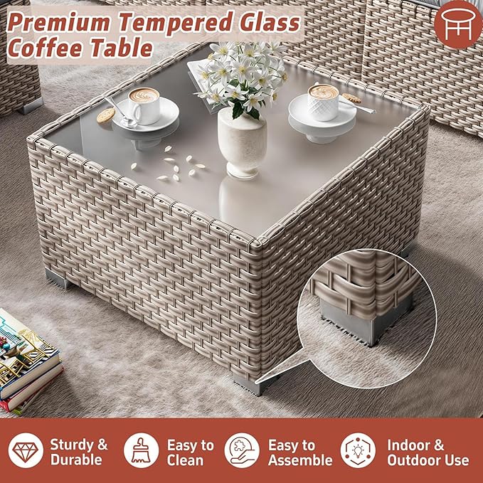 13 Pieces Patio Furniture Set with Fire Pit Table, Outdoor Sectional Wicker Sofa with Thickened Cushions and Coffee Table, High Back Rattan Patio Conversation Sets, Grey