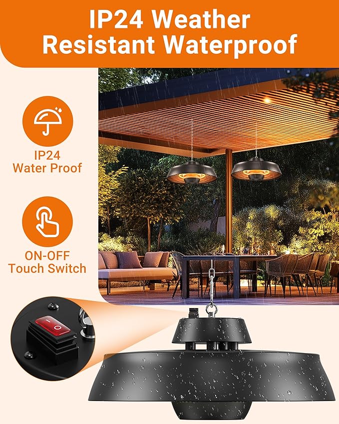 Pasapair Patio Heater - 1500W Outdoor Hanging Heater 3S Fast Heating with Remote - Adjustable Height Waterproof Infrared Mounted for Gazebo - ETL Certified