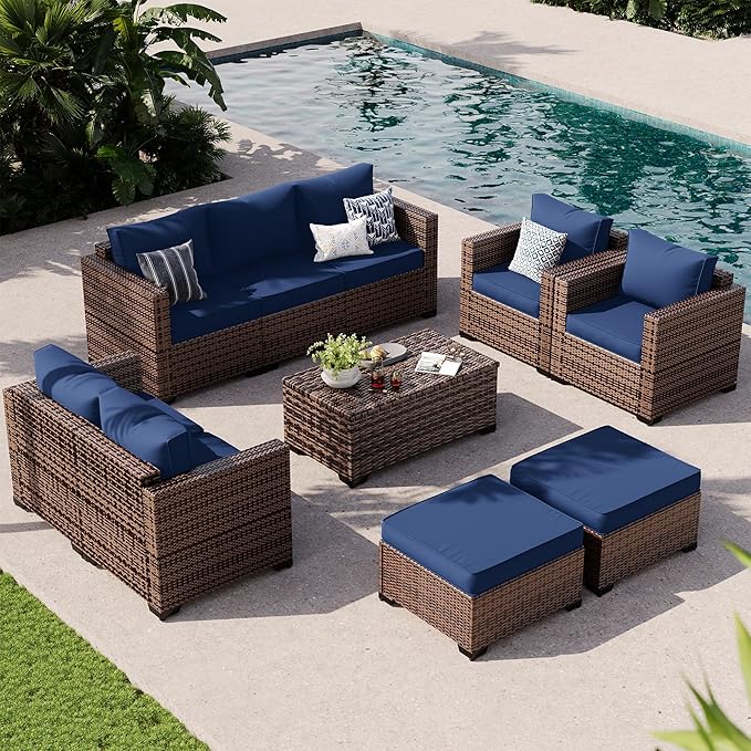 UDPATIO Patio Furniture Set with Fire Pit Table, 7 Pieces Outdoor Furniture Sets, Wicker Rattan Patio Conversation Sets with Ottoman and Waterproof Covers for Porch Deck Backyard, Navy Blue