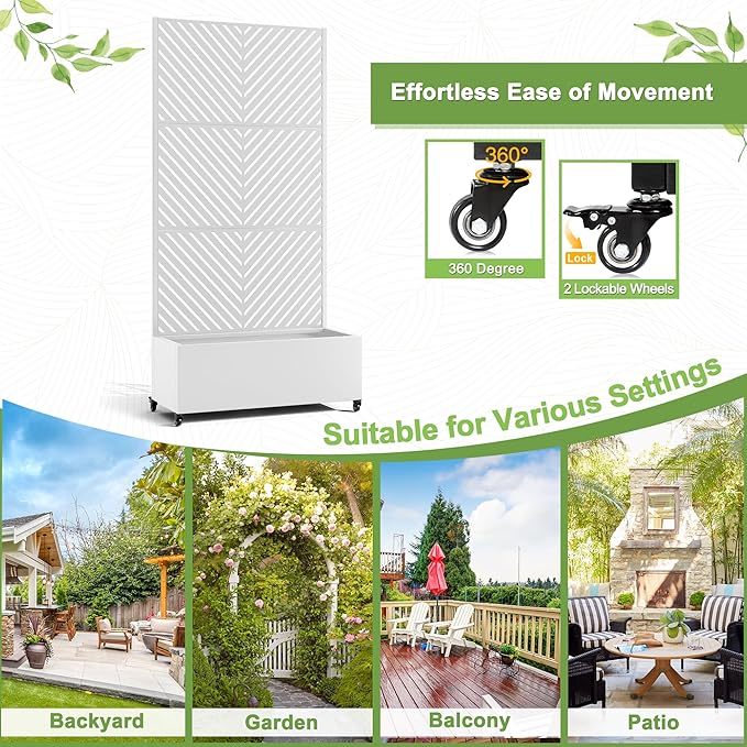 FENCY Metal Raised Garden Bed with Wheels and Trellis,73"x35"x16" Planter Box for Climbing Plants, Vegetables & Vines, Features Privacy Screen and Drainage Holes (White-Arrow)
