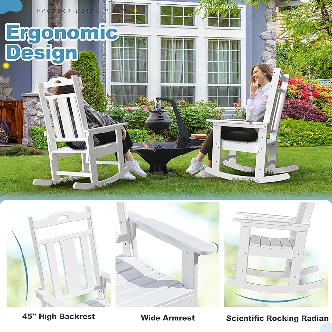 nalone Outdoor Rocking Chair, Oversized Porch Rocker Chair for Adult, All-Weather Resistant Patio Rocking Chair for Garden Lawn(White)
