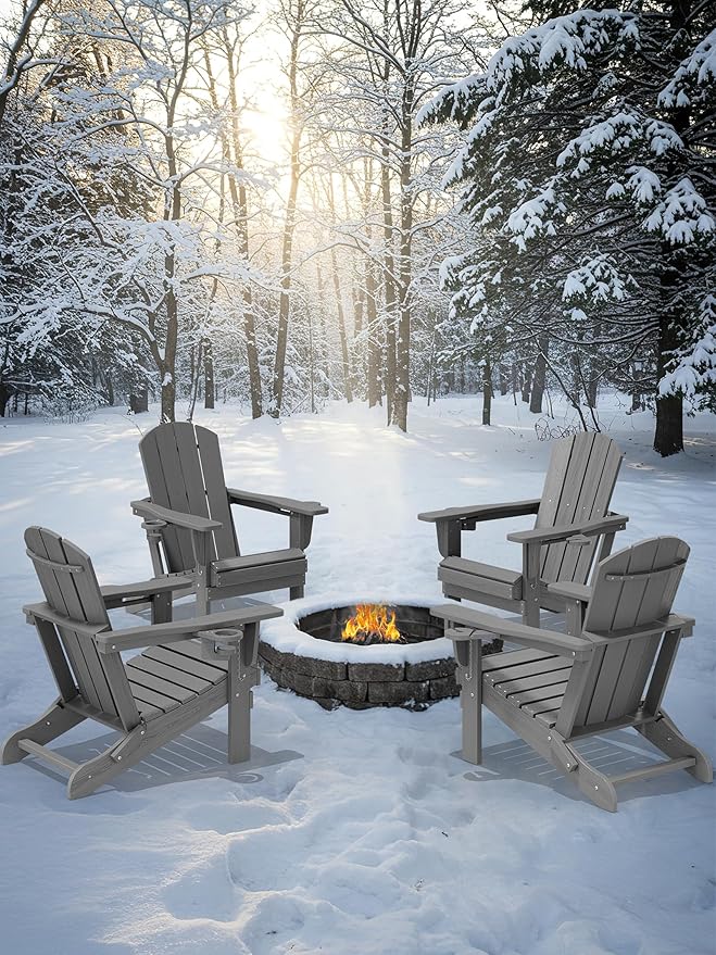 KINGYES Folding Adirondack Chair Set of 6, Dual Cup Holders & All-Weather HDPE, Wood-Like Patio Chair for Backyard, Camping, Pool & Fire Pit, Grey
