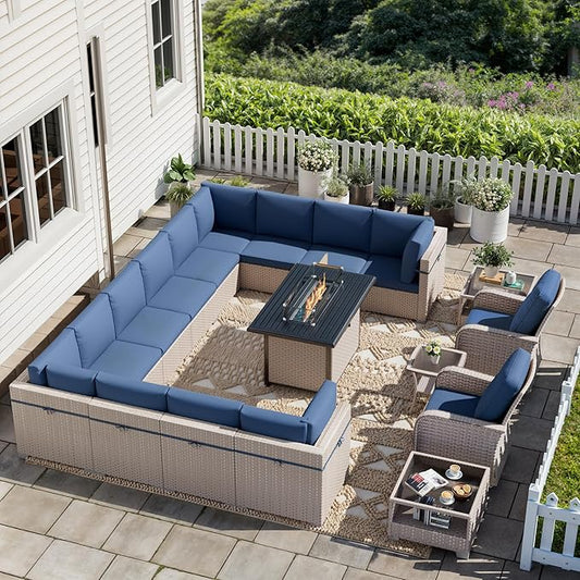 18 Pieces Patio Furniture Set with Fire Pit Table, Outdoor Sectional Wicker Sofa with Thick Cushions, High Back Swivel Rocker Patio Chairs, Rattan Conversation Set with Coffee Table, Navy