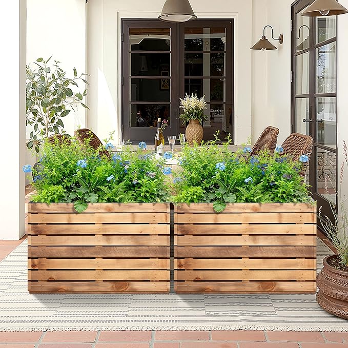 Metal Planter Box Rectangular Planter Box with Drainage Hole, Outdoor Large Planters, All-Weather Use, Rust-Resistance, for Flowers Plants, 35.4" L × 9.1" W × 25.6" H, Dark Walnut