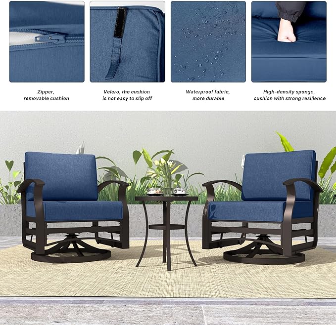 Kurapika 5 Pieces Patio Furniture Set, Outdoor Aluminum Swivel Gliders Rocker, Patio Bistro Set Rocking Chair with Thickened Cushions and Tempered Glass Side Table(Navy Blue)
