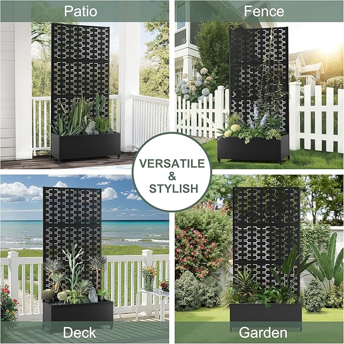 Planter Box with Trellis and Wheels, Metal Privacy Screen with Garden Beds Outdoor for Climbing Plants, Standing Planter Boxes with Drainage Holes (35" L×16" W×71" H, Black Rectangle)