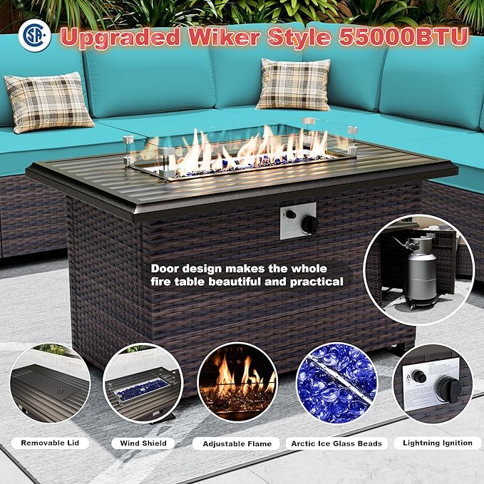 10 Pieces Patio Furniture Set with 2 Swivel Chairs Patio Furniture Outdoor Sectional Sofas with 55000 Gas Fire Pit Patio Conversation Set w/7 -Cushions