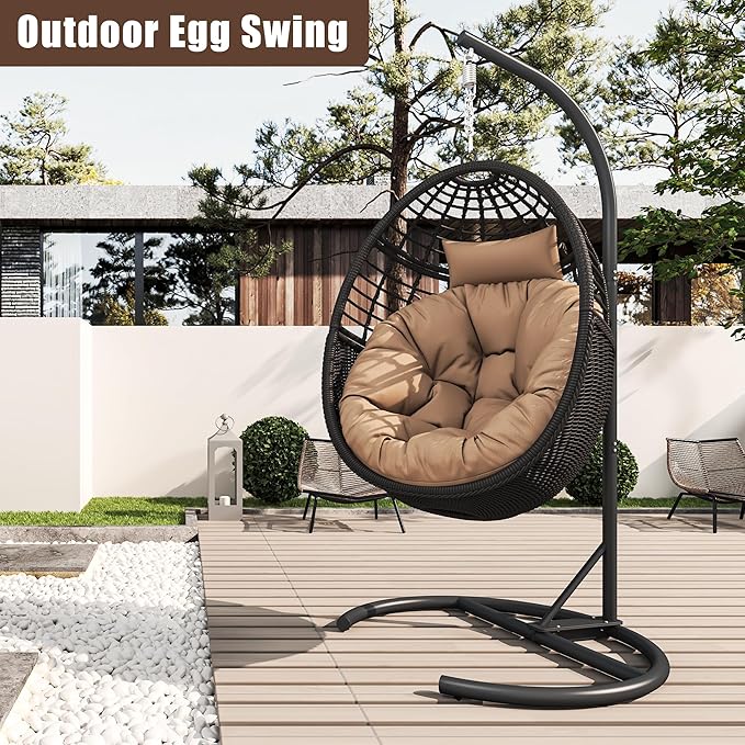 Hanging Egg Chair Hammock Chair with Stand Wicker Rattan Chairs for Indoor Outdoor Patio Bedroom Swing Chair with Steel Frame and Soft Cushion