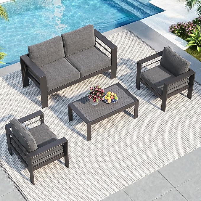 Solaste Outdoor Aluminum Furniture Set,4 Pieces Patio Sectional Chat Sofa Outdoor Conversation Set with Table,Dark Grey