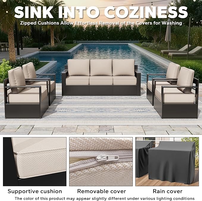 Aluminum Outdoor Conversation Furniture Set - All Weather Patio 79" Sofa with 4 Armchairs, 6" Water-Resistant Cushions & Furniture Covers & Metal Armrest for Deck Porch (Beige)