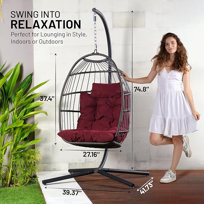 SereneLife Foldable Egg Swing Chair with Stand Outdoor Indoor Rattan Wicker Hanging Egg Chair with Waterproof Cushion and Headrest Cozy Patio Porch Bedroom Garden Relaxing Swing for Adults Heavy Duty
