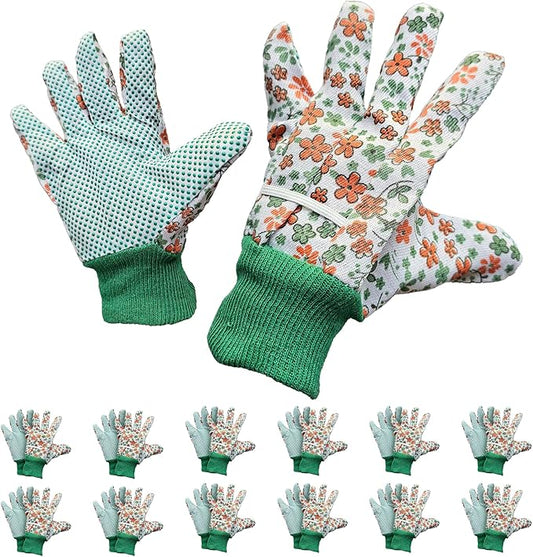Floral Gardening Gloves for Women, 9 Inch. 6 Pairs Cotton Work Gloves with Knit Wrist. Gardening Gifts for Women