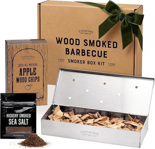 BBQ Smoker Box Kit – Stainless Steel Smoker with Hinged Lid, Apple Wood Chips, Hickory Salt – Grilling Accessories and Grilling Gifts for Men – Great Birthday Gifts for Men Who Love to BBQ