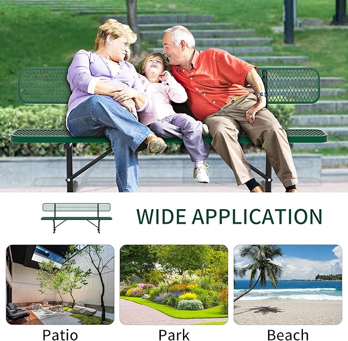 8 Ft Metal Park Bench for Outside, All-Weather Thermoplastic Coating Outdoor Bench with Backrest, Commercial Heavy Duty Benches for Shopping Malls, Stores, Parks, Patios, Decks, Green