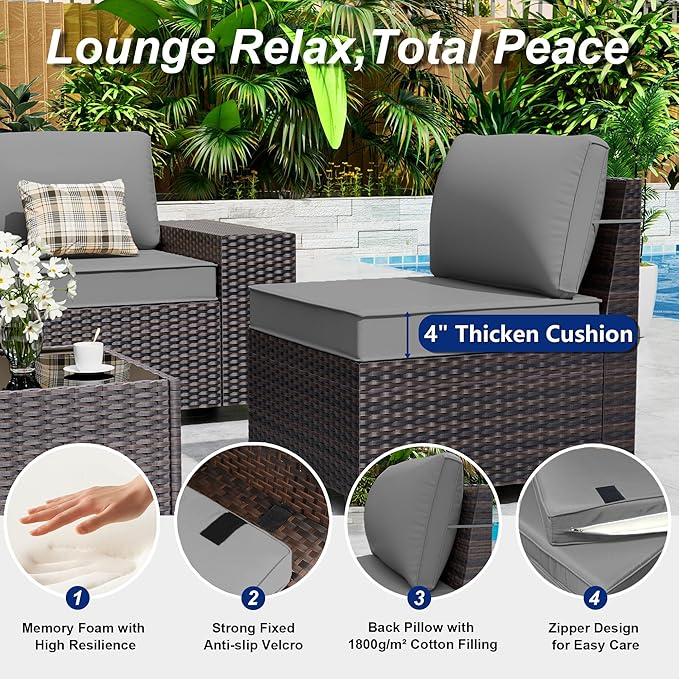 Outdoor Patio Furniture Set, 6 Pieces Outdoor Sectional Furniture High Backrest Patio Sofa, All-Weather PE Rattan Patio Conversation Set with Coffee Table & Cushions