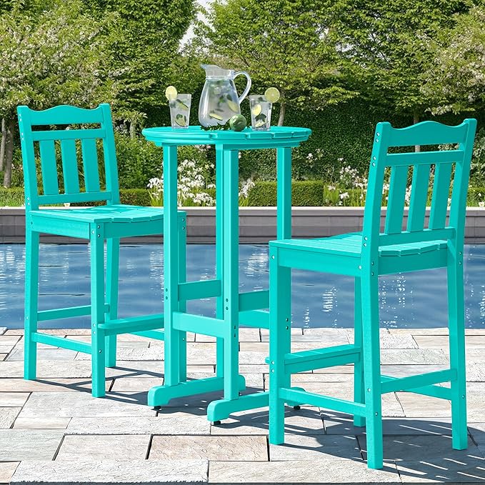 Nalone Outdoor Adirondack Chairs and Table Set - HDPE 3 Piece Garden Set with Bar Stools (Aruba)