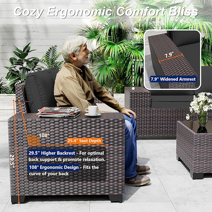 Outdoor Patio Furniture Set with Fire Pit Table, 13 Pieces Outdoor Furniture Set Patio Sectional Set w/43in Propane Fire Pit, PE Wicker Rattan Patio Conversation Sets - Black.