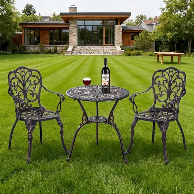 Patio Bistro Set 3 Piece Cast Aluminum Bistro Set, Outdoor Bistro Table and Chairs Set of 2 with Umbrella Hole for Porch, Lawn, Garden, Backyard, Pool (Brown)