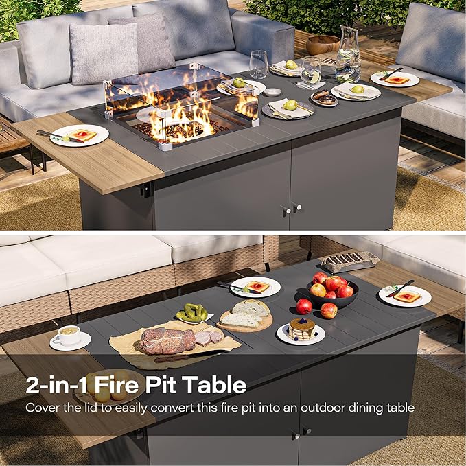LAUSAINT HOME 64" Gas Fire Pit Table for Outside Patio, 55,000 BTU Propane Firepit with Expandable Tabletop & Wind Guard